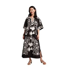 Frances Valentine Embroidered Charming Caftan Black White Dress Small